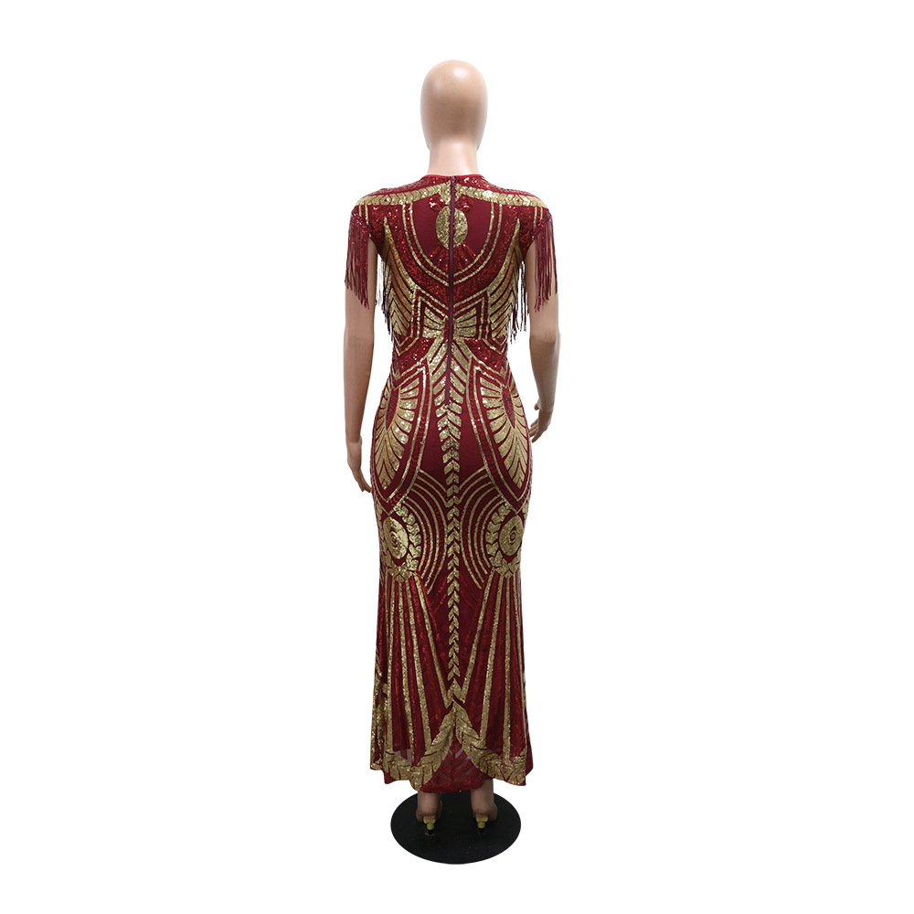 Tassels round neck fashion slim sequins European style dress
