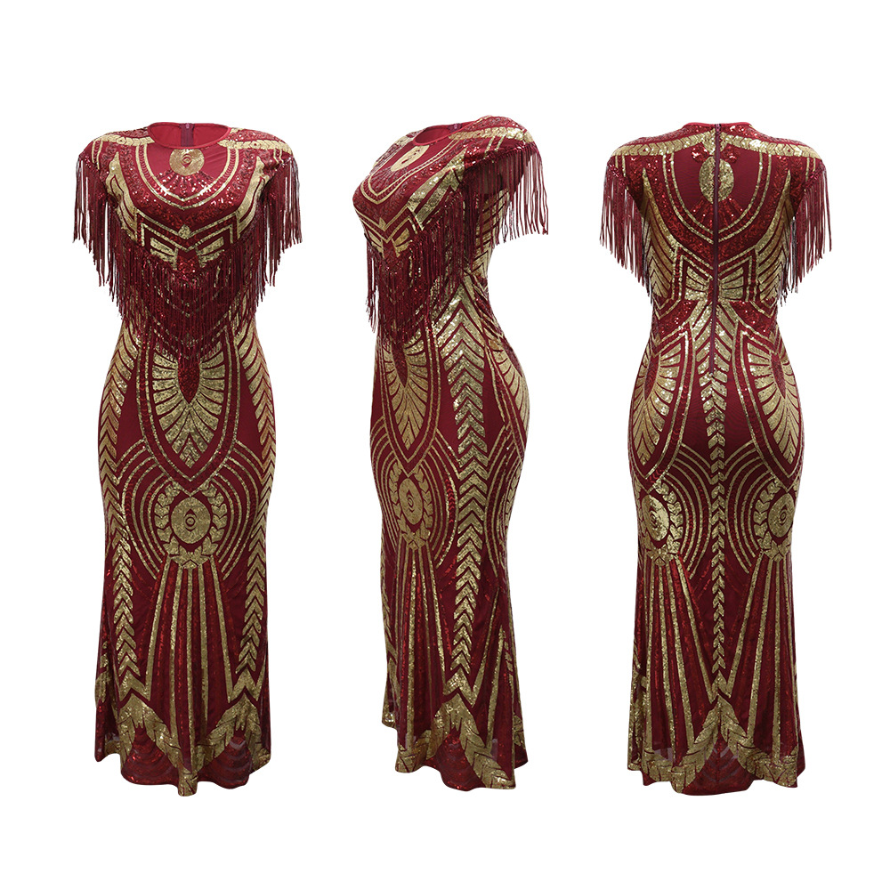 Tassels round neck fashion slim sequins European style dress