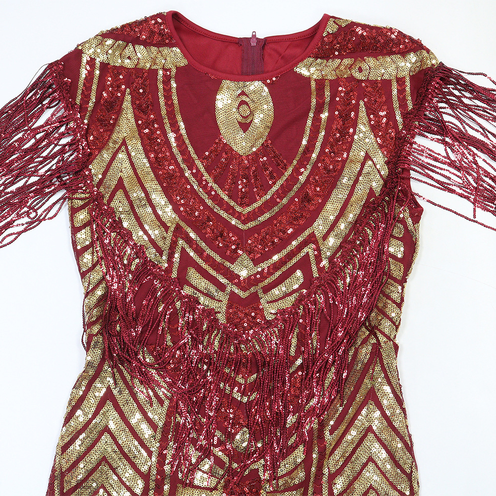 Tassels round neck fashion slim sequins European style dress