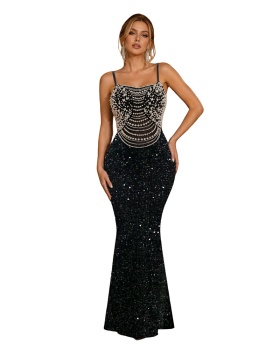 Velvet sling dress sequins package hip long dress for women