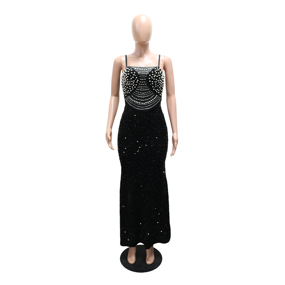 Velvet sling dress sequins package hip long dress for women