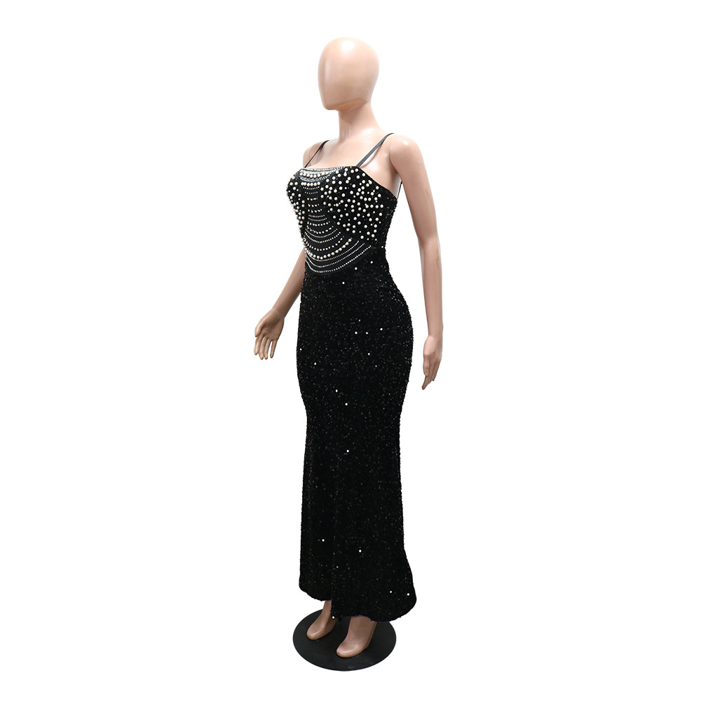 Velvet sling dress sequins package hip long dress for women