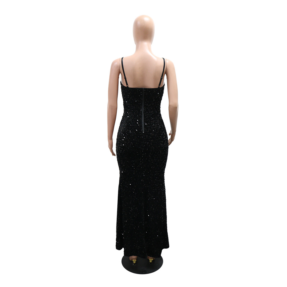 Velvet sling dress sequins package hip long dress for women