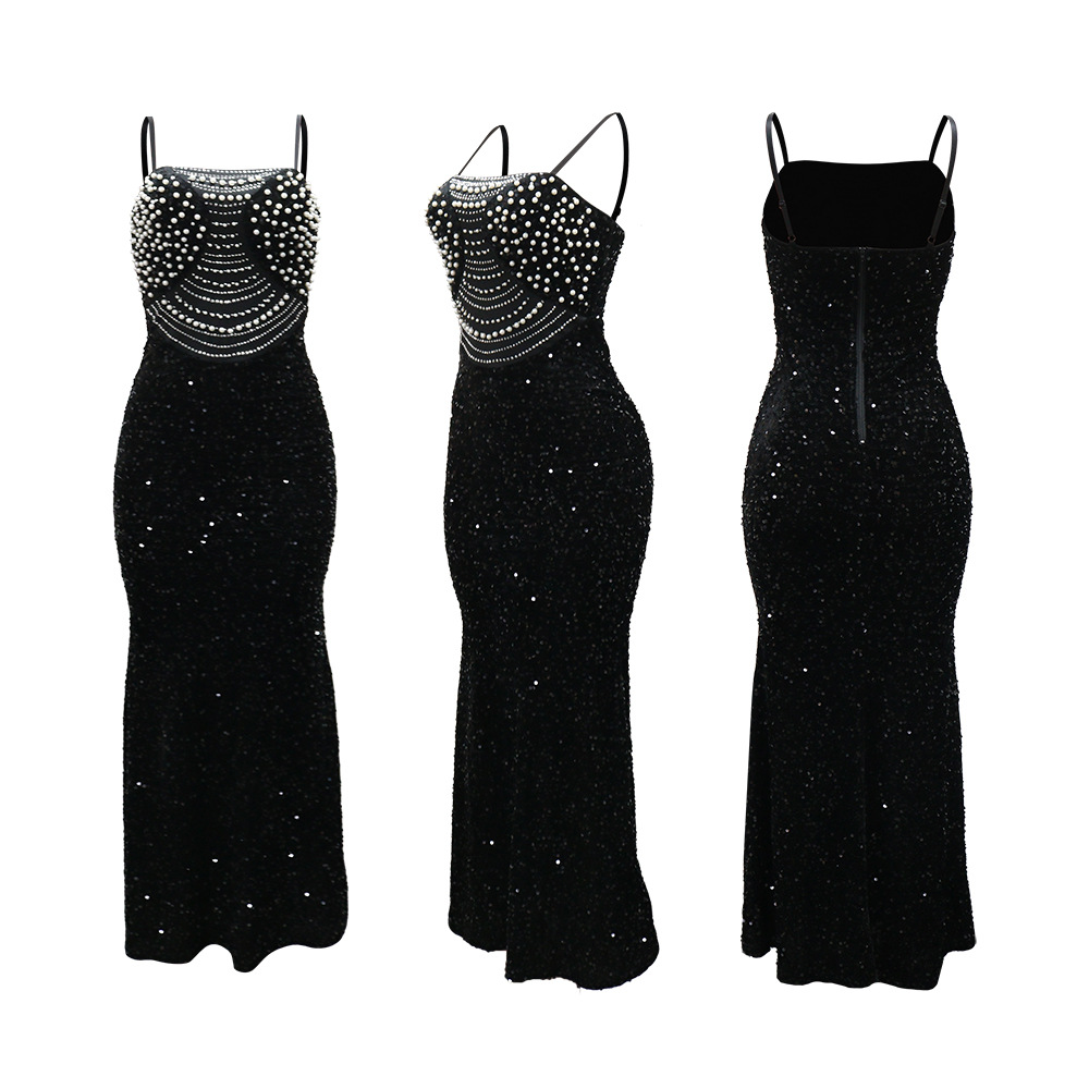 Velvet sling dress sequins package hip long dress for women