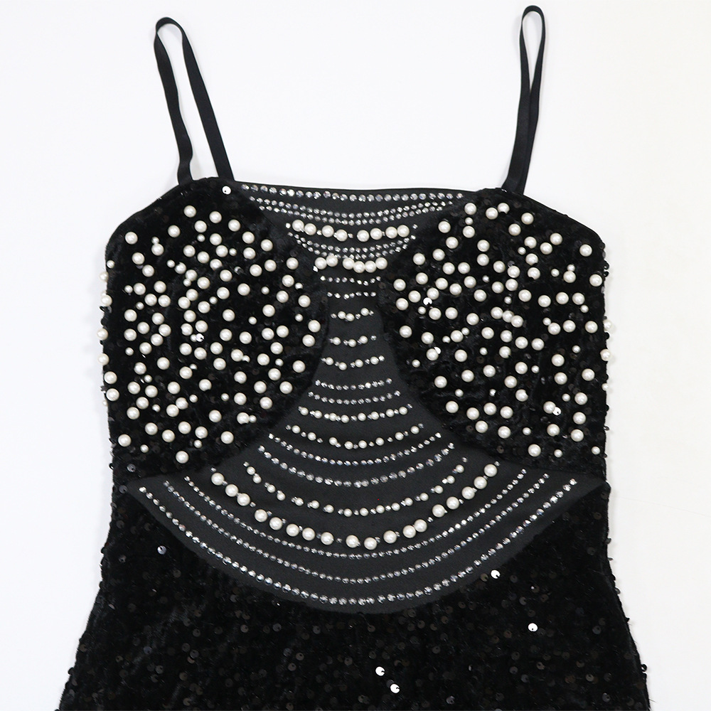 Velvet sling dress sequins package hip long dress for women