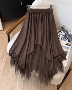 Tassels gauze skirt A-line irregular long dress for women