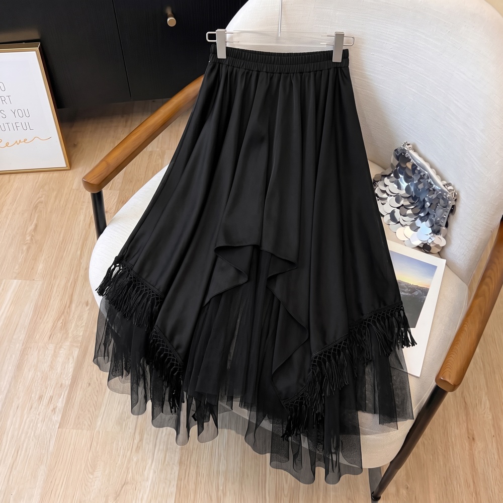 Tassels gauze skirt A-line irregular long dress for women