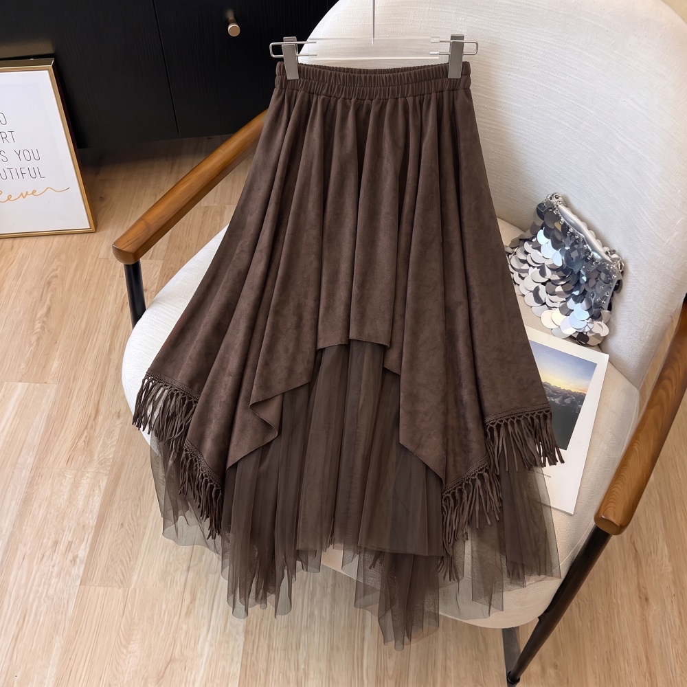 Tassels gauze skirt A-line irregular long dress for women