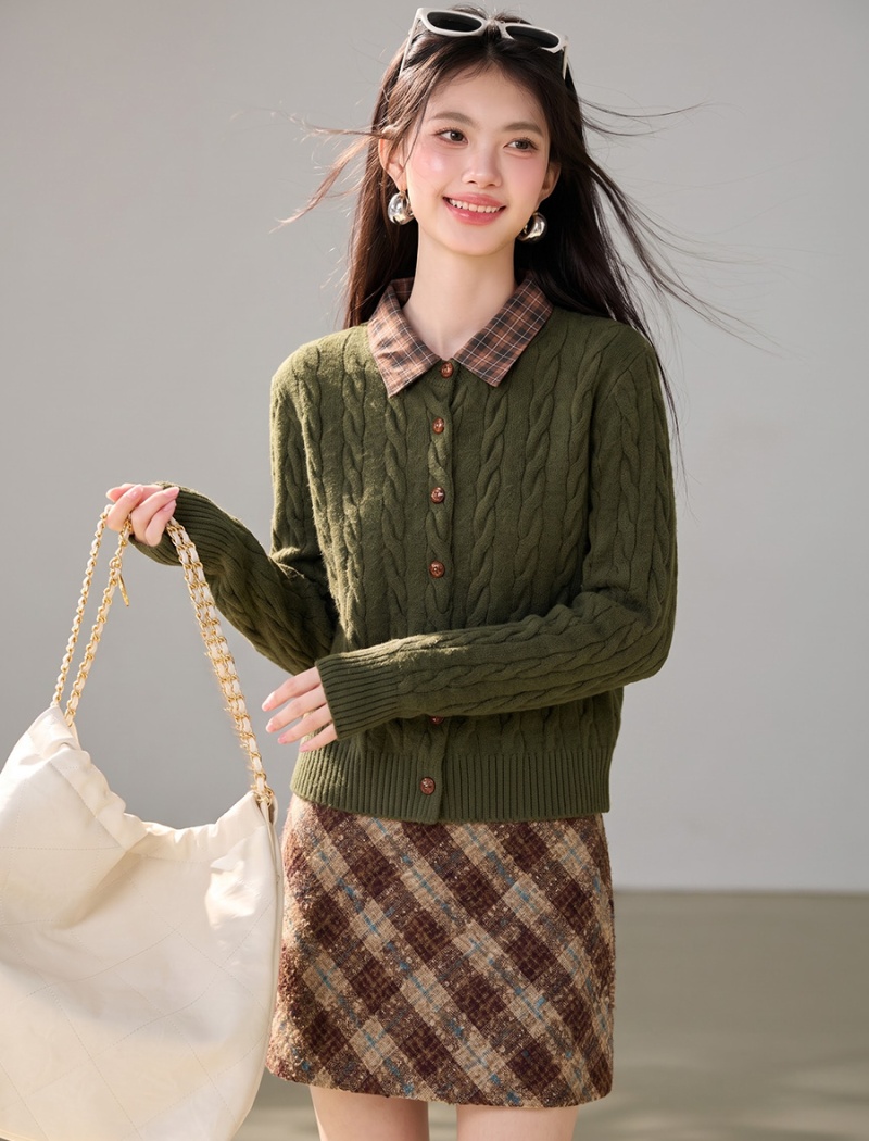 Plaid knitted lapel coat stitching winter sweater