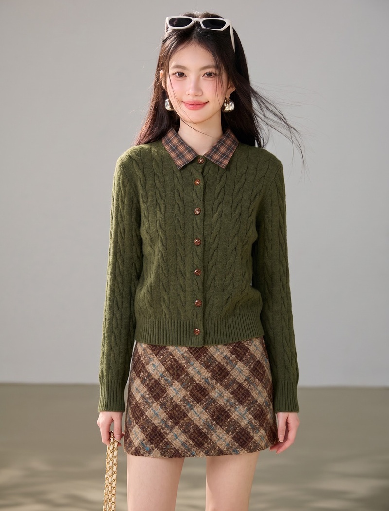 Plaid knitted lapel coat stitching winter sweater
