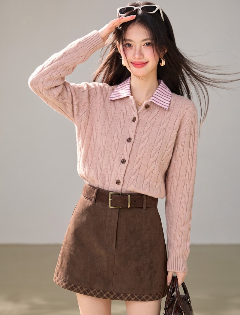 Plaid knitted lapel coat stitching winter sweater