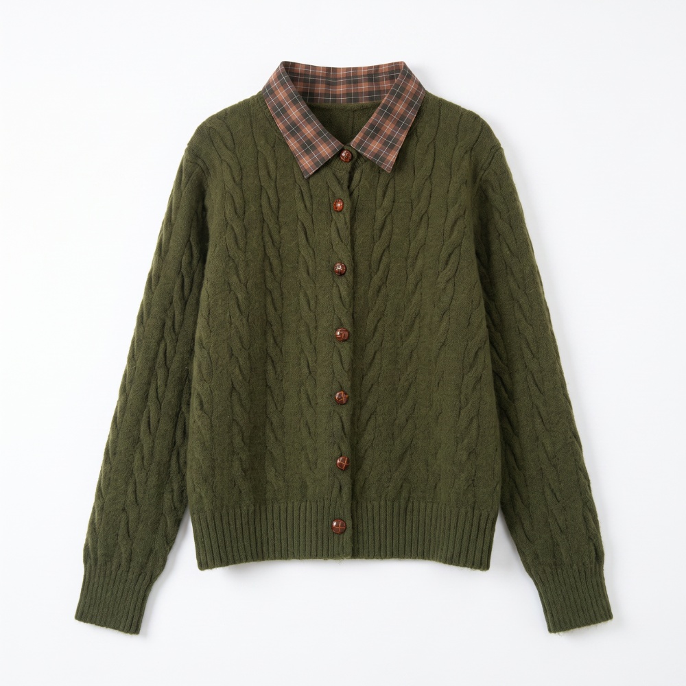 Plaid knitted lapel coat stitching winter sweater