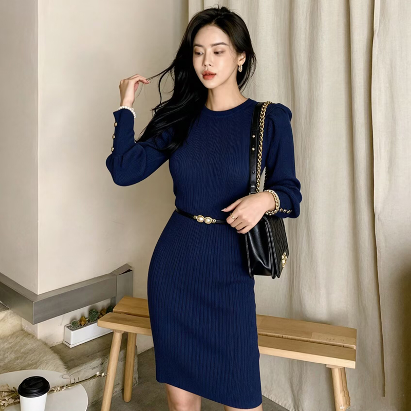 Knitted slim T-back bubble hip dress for women