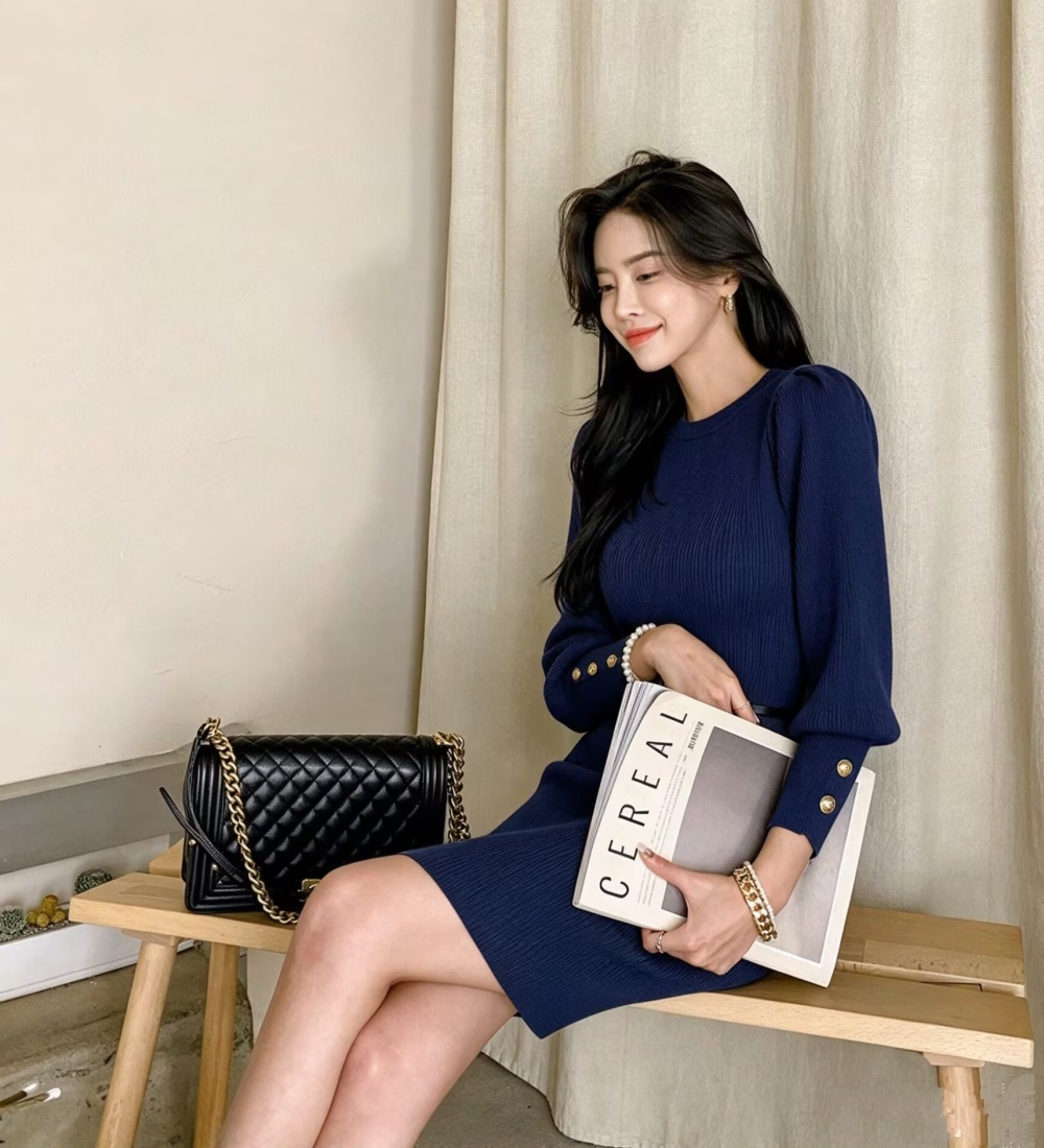 Knitted slim T-back bubble hip dress for women