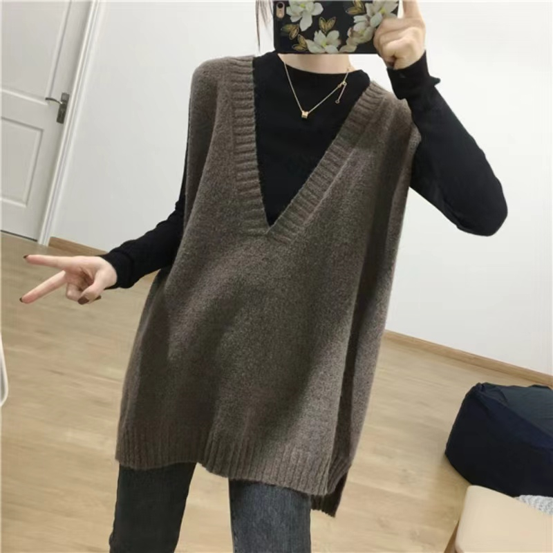 Knitted temperament lazy vest long V-neck waistcoat