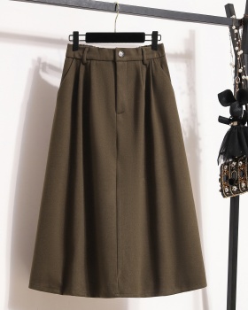 Black high waist long A-line slim woolen skirt for women