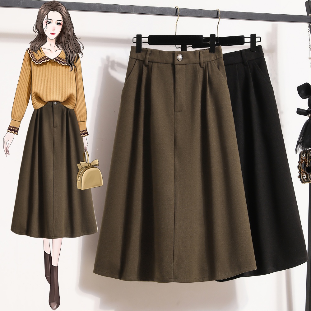 Black high waist long A-line slim woolen skirt for women