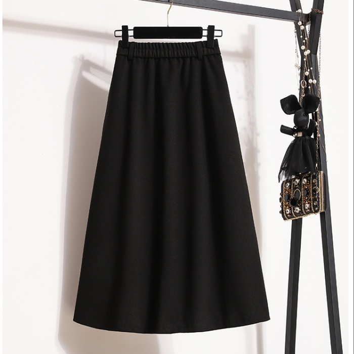 Black high waist long A-line slim woolen skirt for women