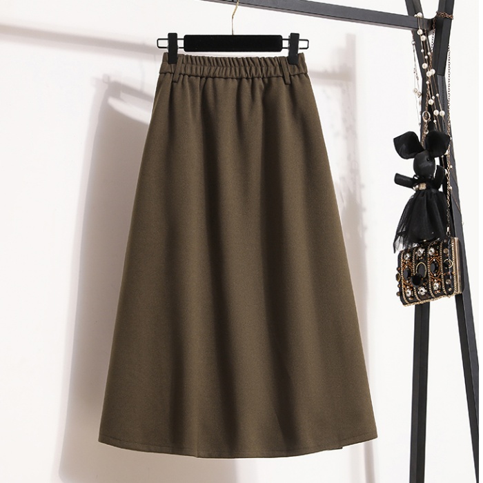 Black high waist long A-line slim woolen skirt for women