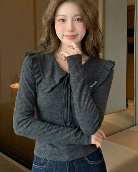 Embroidery wool tops navy collar T-shirt for women