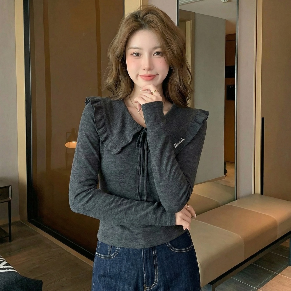 Embroidery wool tops navy collar T-shirt for women