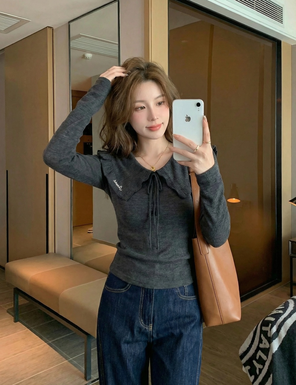 Embroidery wool tops navy collar T-shirt for women