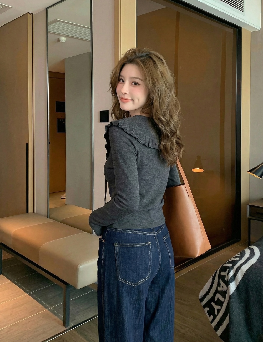 Embroidery wool tops navy collar T-shirt for women