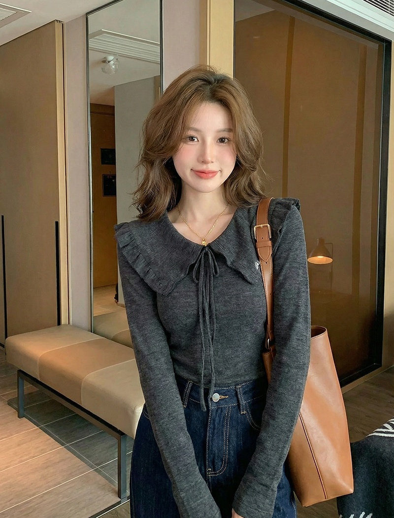 Embroidery wool tops navy collar T-shirt for women