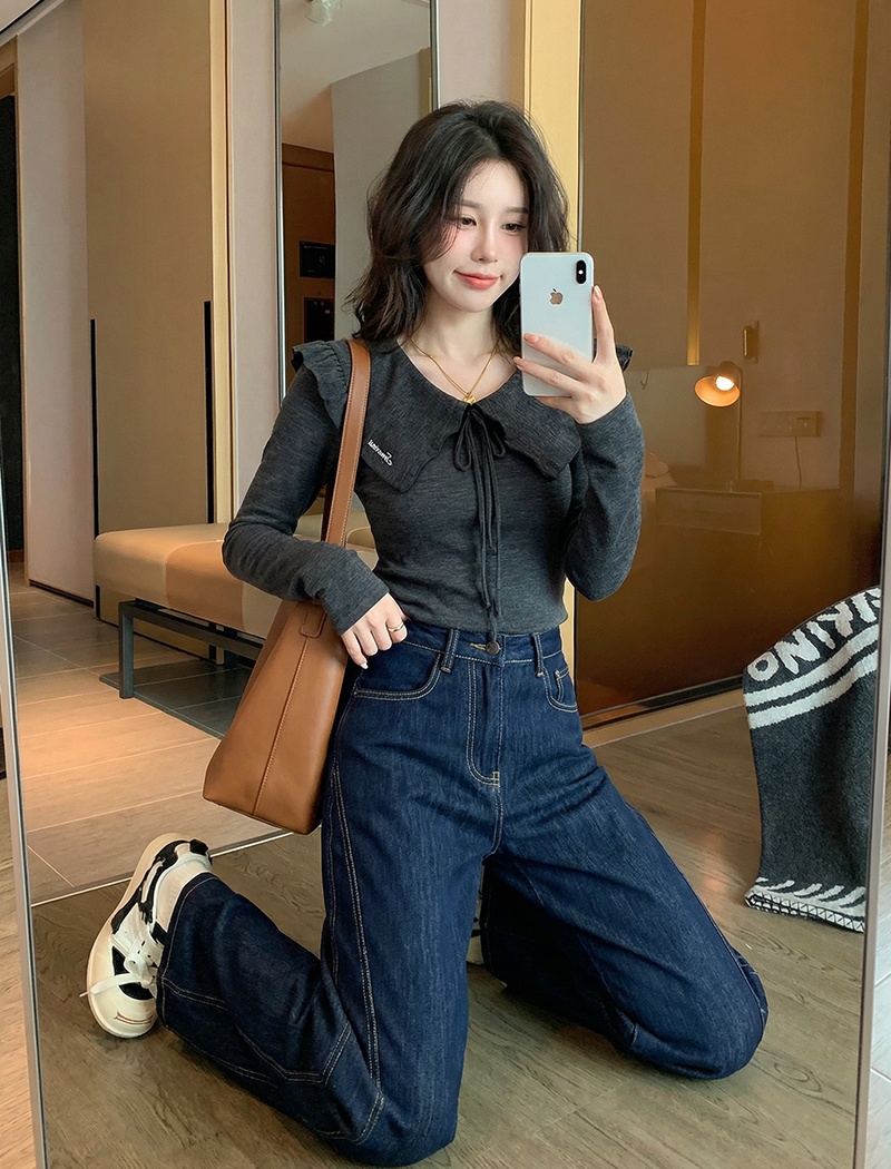 Embroidery wool tops navy collar T-shirt for women
