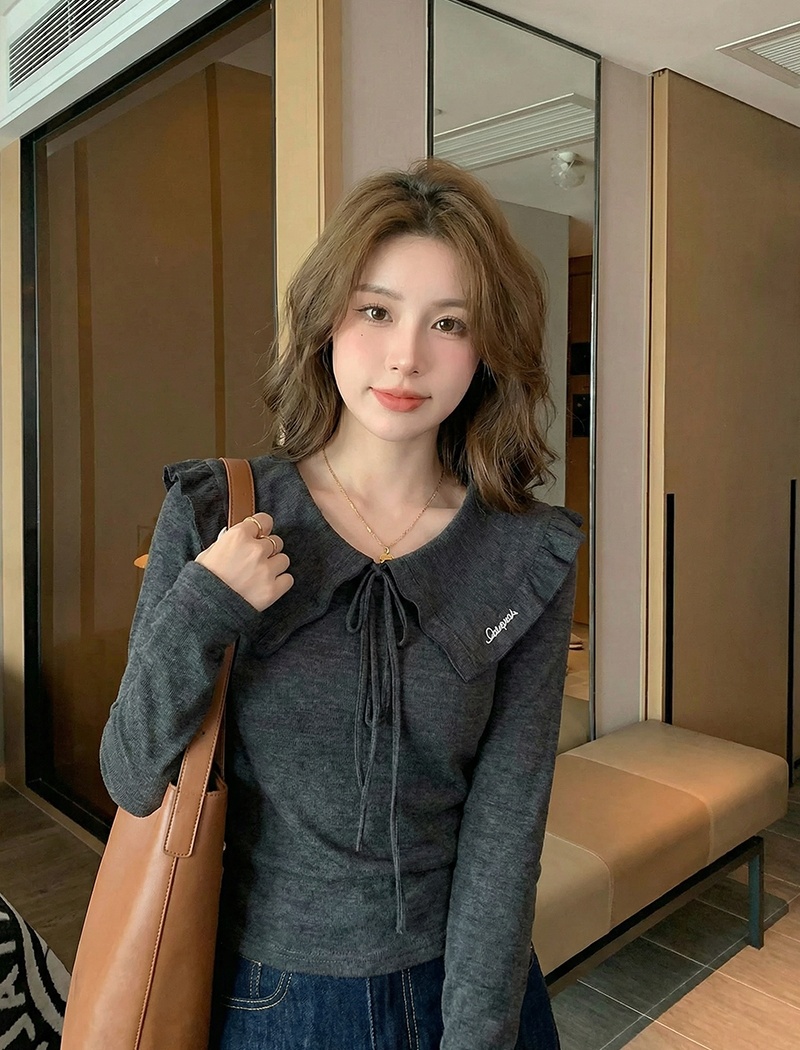 Embroidery wool tops navy collar T-shirt for women