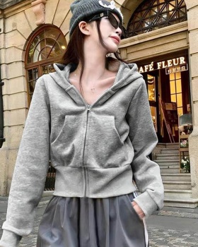 Pure zip thin tops hooded pinched waist coat for women