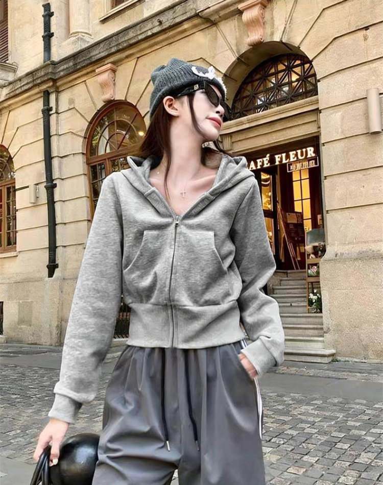 Pure zip thin tops hooded pinched waist coat for women