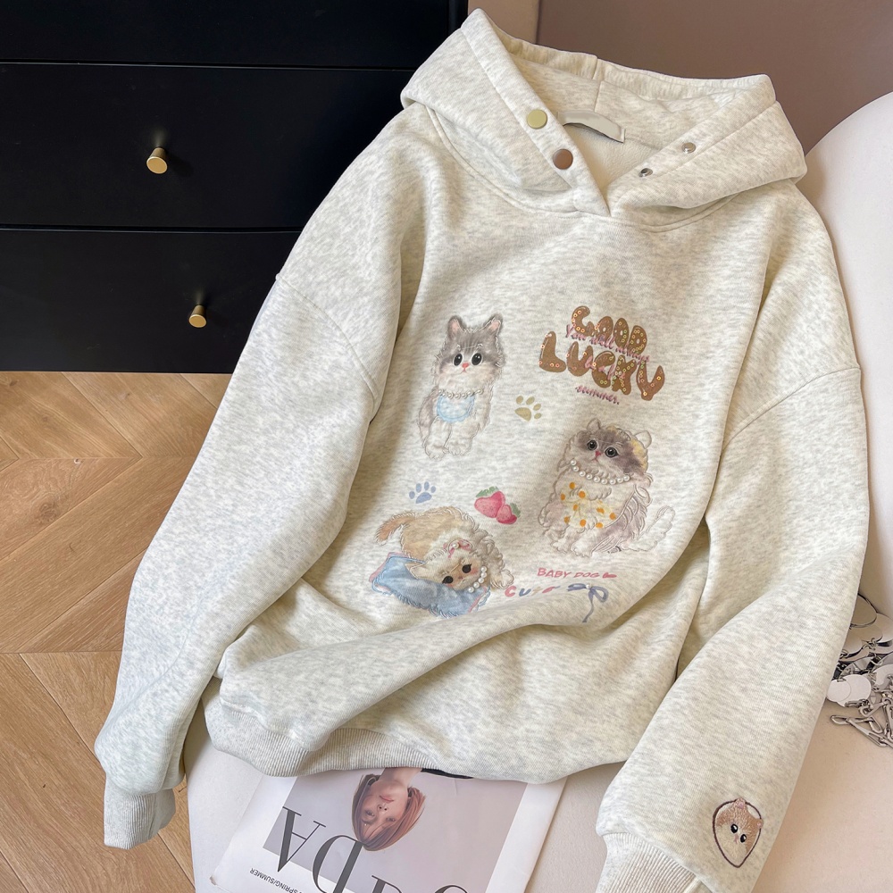 Loose hooded hoodie cartoon plus velvet tops