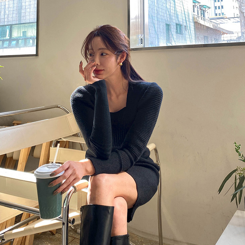 Hip square collar dress Korean style sweater for women