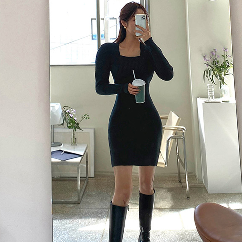 Hip square collar dress Korean style sweater for women