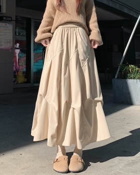 Long woolen corduroy A-line brown skirt for women