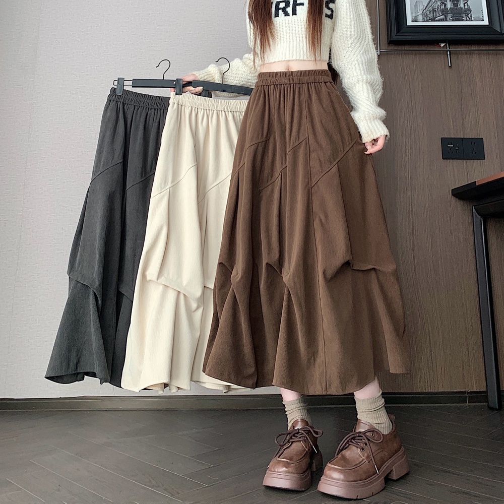 Long woolen corduroy A-line brown skirt for women