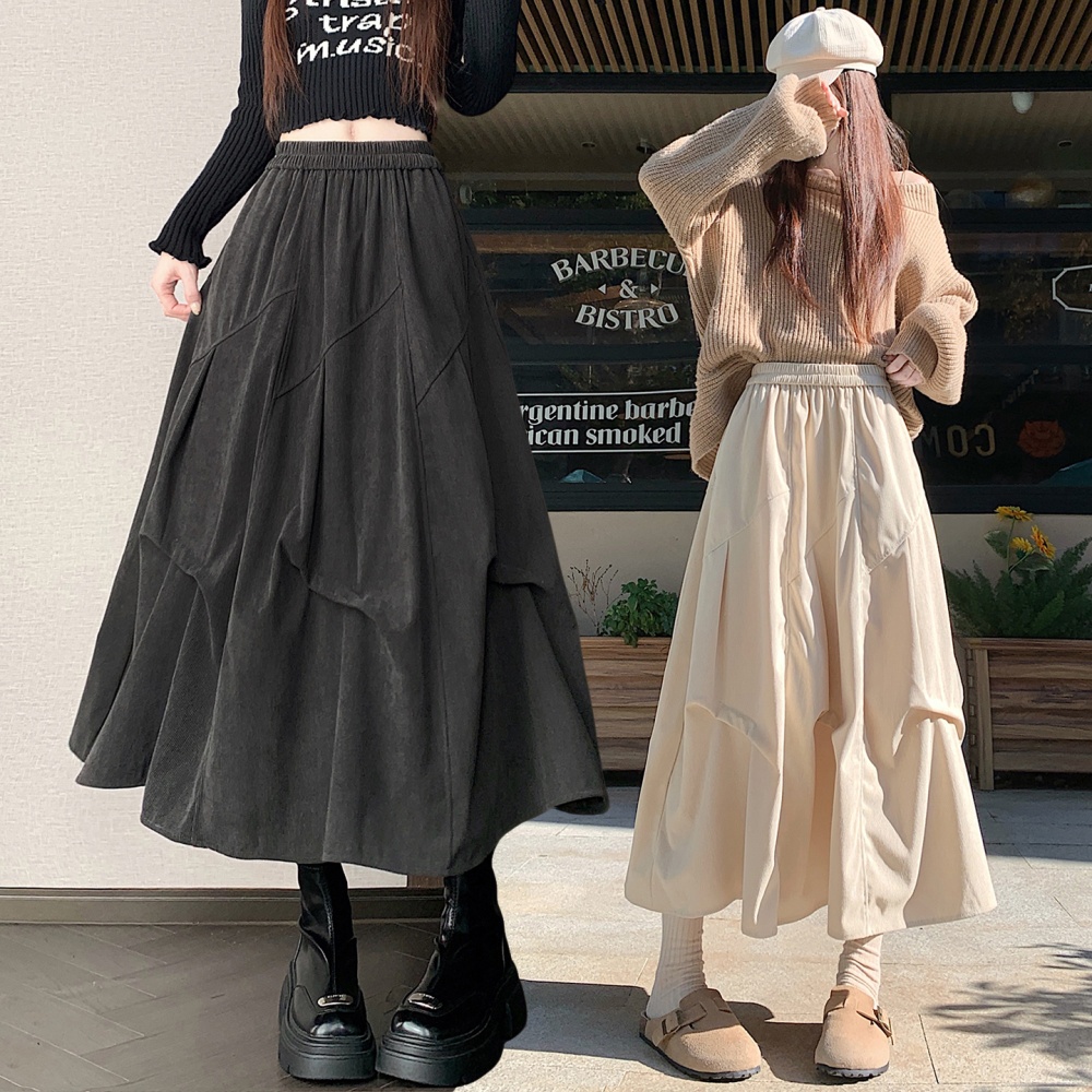 Long woolen corduroy A-line brown skirt for women