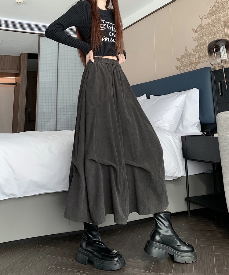 Long woolen corduroy A-line brown skirt for women
