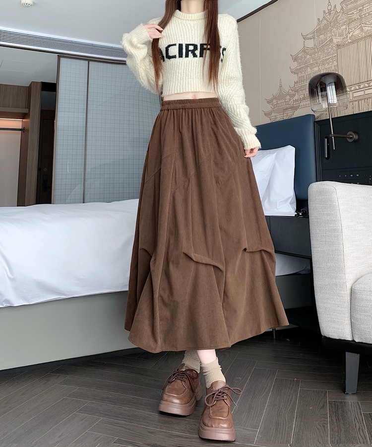 Long woolen corduroy A-line brown skirt for women