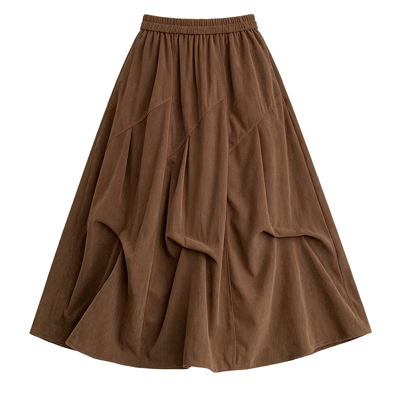 Long woolen corduroy A-line brown skirt for women
