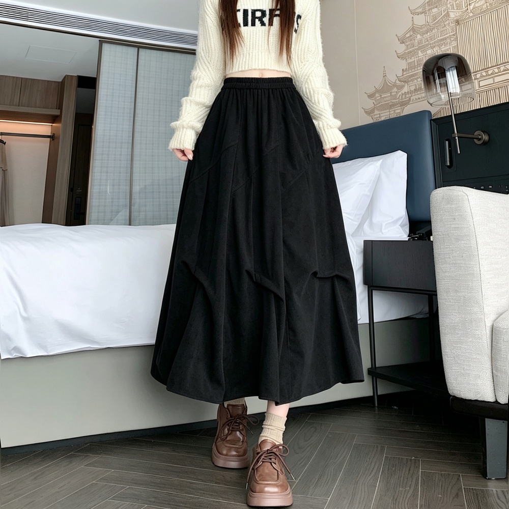 Long woolen corduroy A-line brown skirt for women
