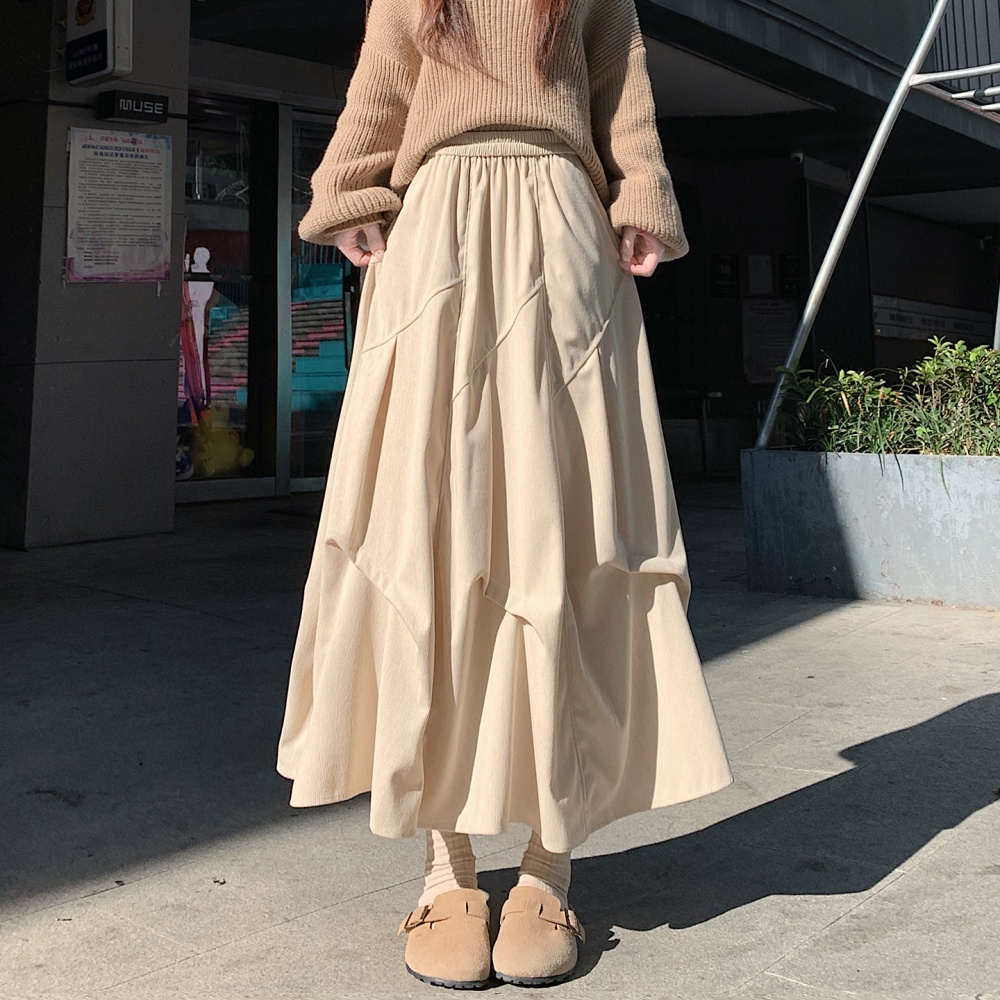 Long woolen corduroy A-line brown skirt for women