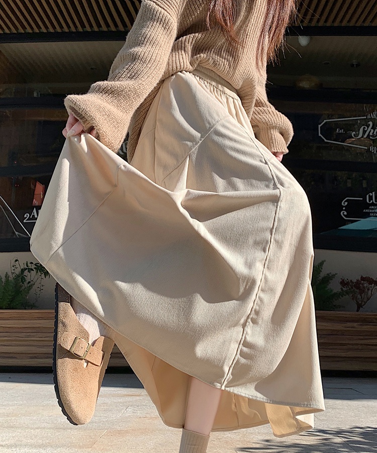 Long woolen corduroy A-line brown skirt for women