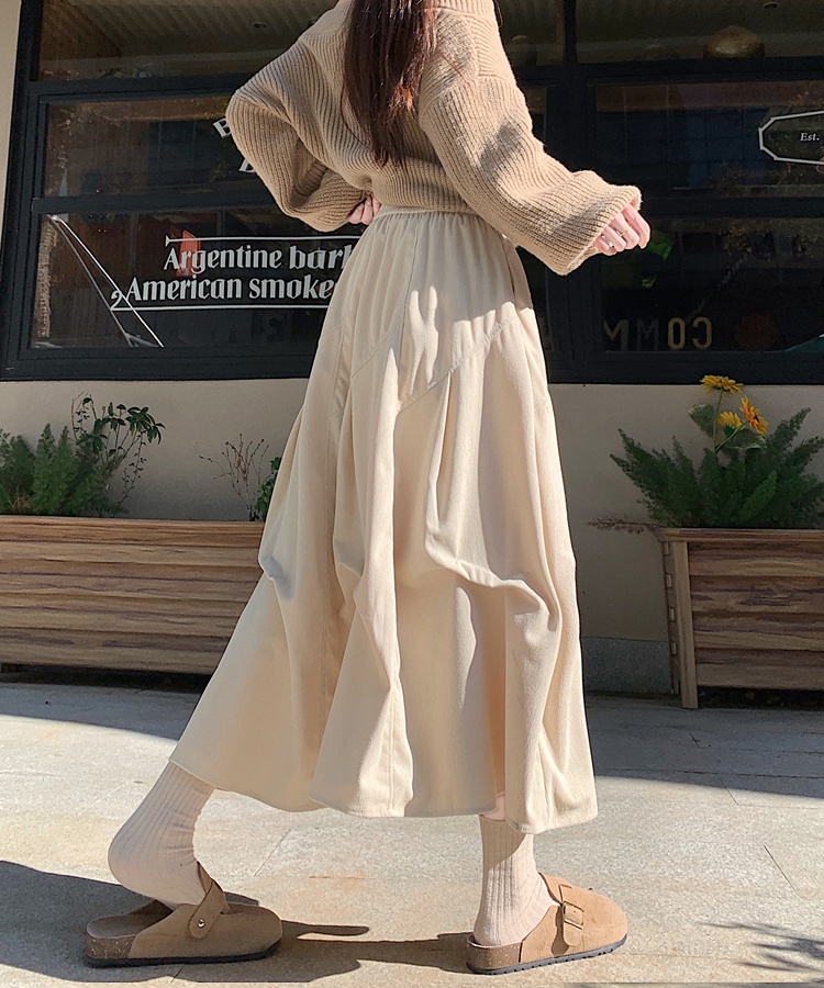 Long woolen corduroy A-line brown skirt for women