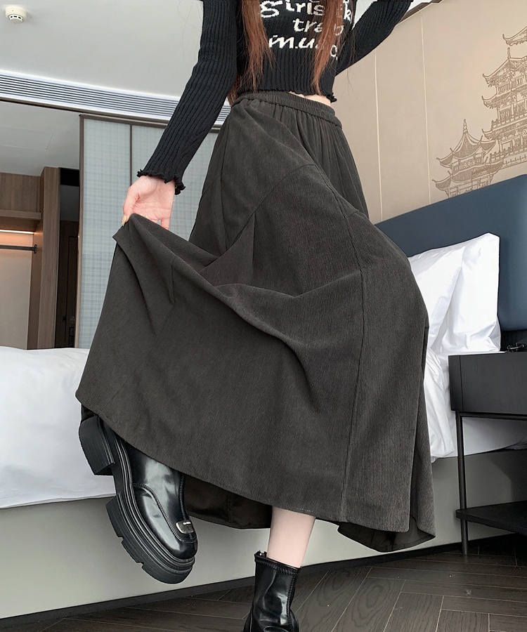 Long woolen corduroy A-line brown skirt for women