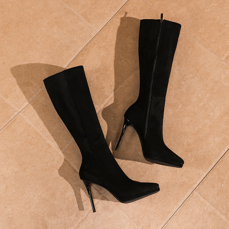 Slim fine-root pointed thigh boots temperament black boots