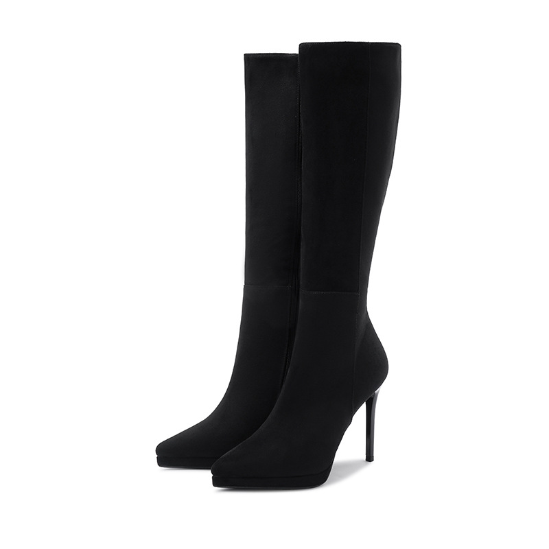 Slim fine-root pointed thigh boots temperament black boots