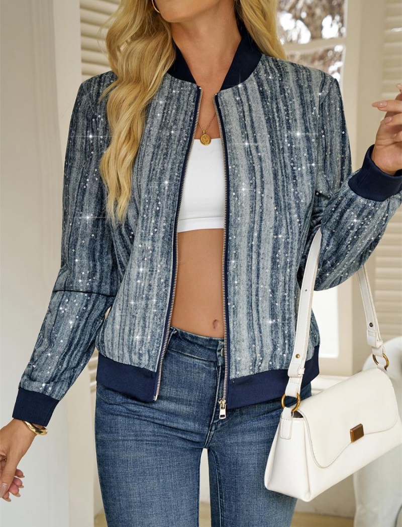 Sequins zip jacket long sleeve European style coat for women