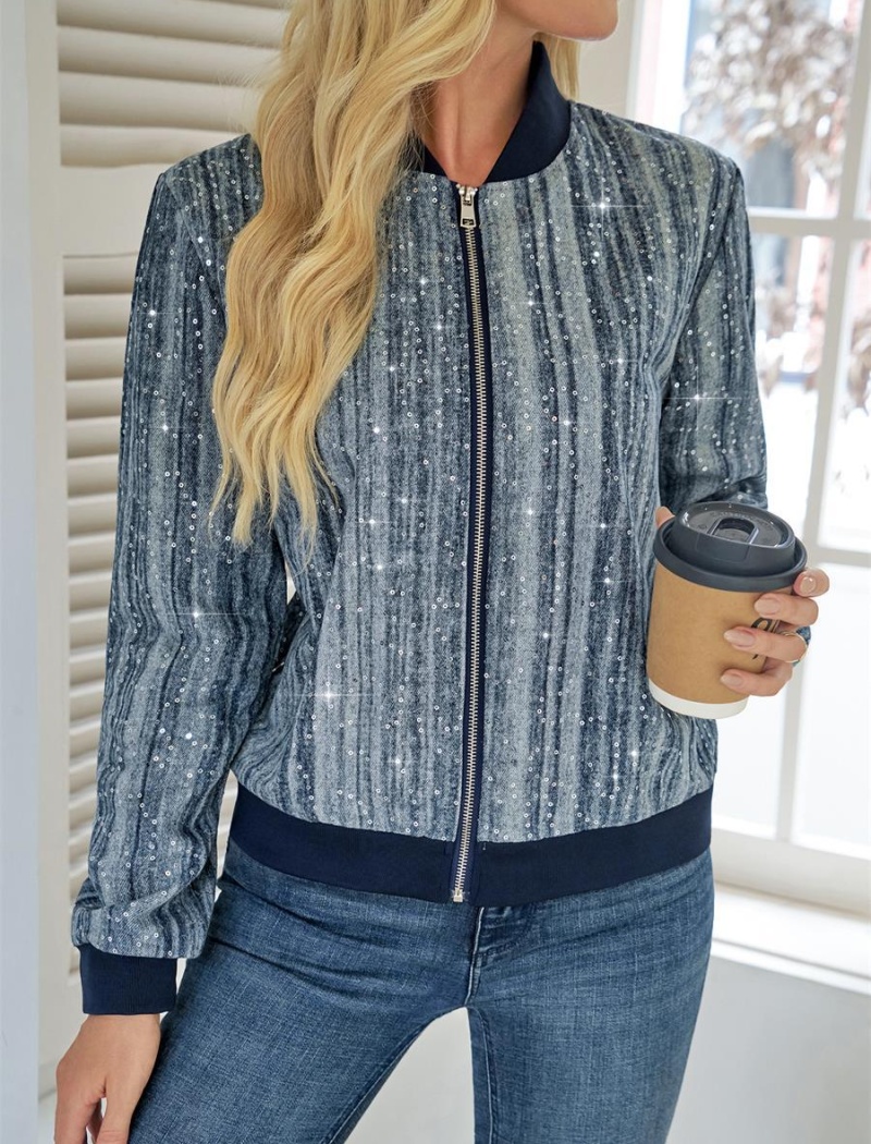 Sequins zip jacket long sleeve European style coat for women